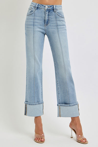 vivian high rise ankle straight wide cuffed jeans | light wash