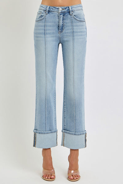 vivian high rise ankle straight wide cuffed jeans | light wash