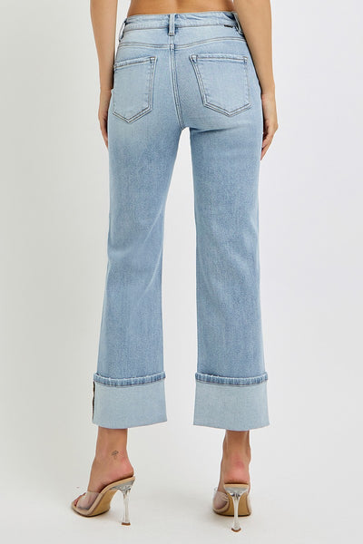 vivian high rise ankle straight wide cuffed jeans | light wash