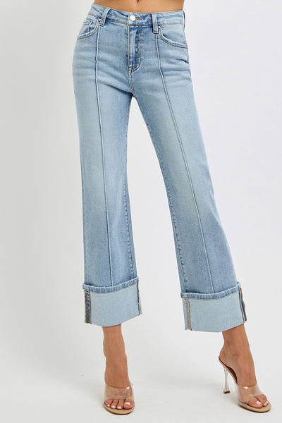 vivian high rise ankle straight wide cuffed jeans | light wash