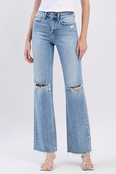 emerson high rise distressed slim wide jeans | glorietta