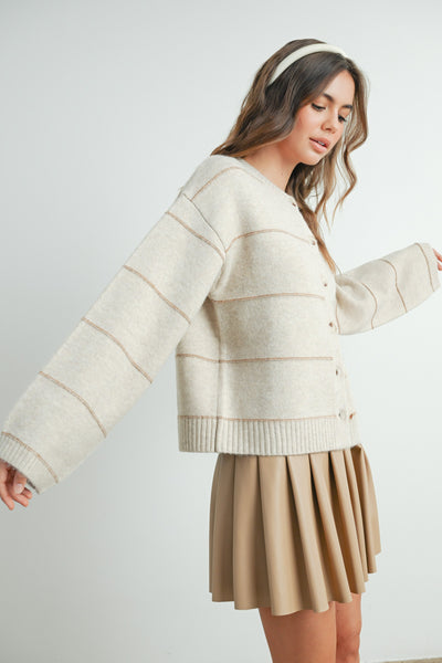 marvelous time button front striped cardigan | taupe
