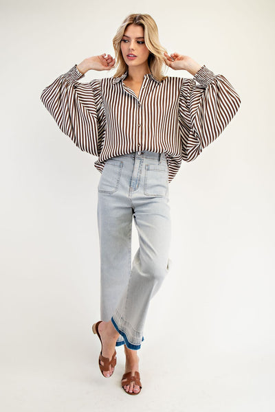 keep it classy striped bubble sleeve button up | brown