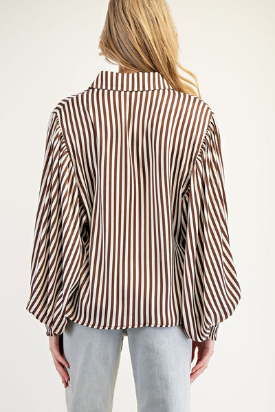 keep it classy striped bubble sleeve button up | brown