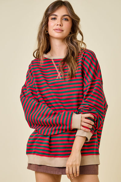 decked in delight oversized striped knit top | red + green