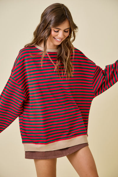 decked in delight oversized striped knit top | red + green