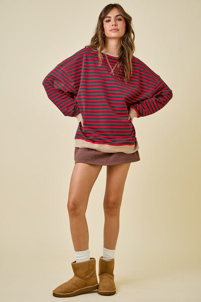 decked in delight oversized striped knit top | red + green