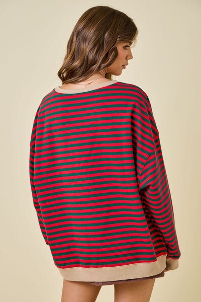 decked in delight oversized striped knit top | red + green