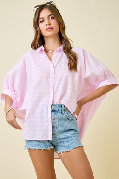 what comes next button down textured check top | pink