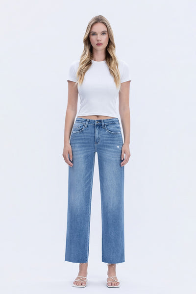 poppy high rise raw hem slim wide jeans | supported