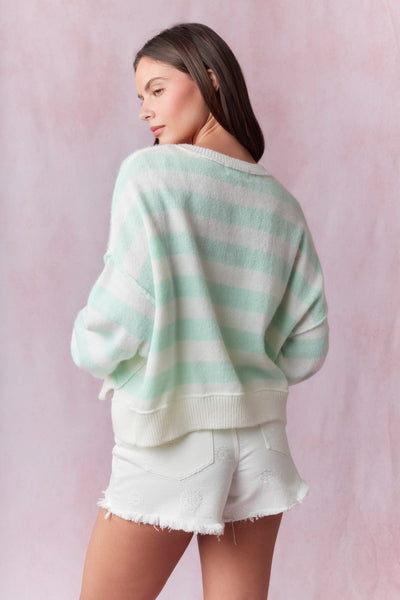 a hint of glow stripe button detail oversized sweater | mint + white