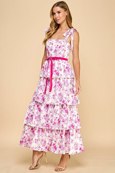 yours to keep tiered floral midi dress | pink