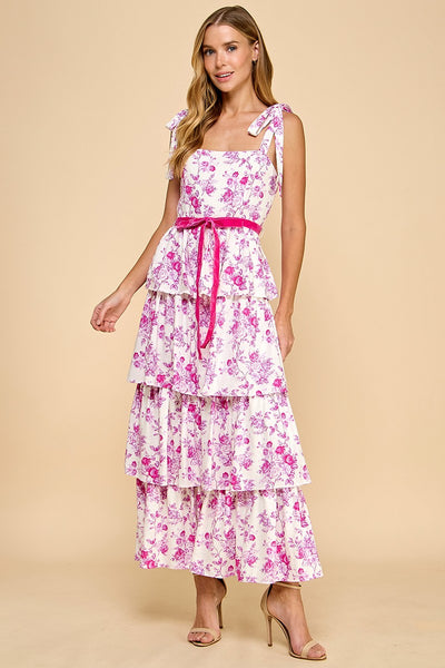 yours to keep tiered floral midi dress | pink