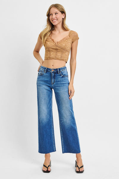 marla tummy control mid-rise crop straight leg jeans | medium wash