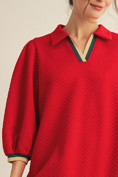 admired poise textured puff sleeve dress | red
