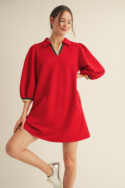 admired poise textured puff sleeve dress | red