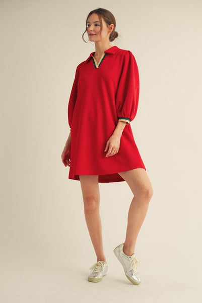 admired poise textured puff sleeve dress | red