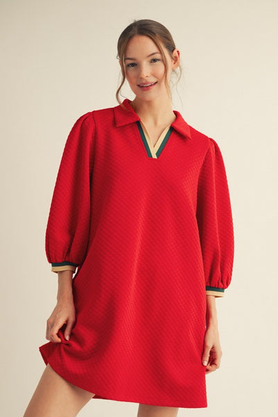 admired poise textured puff sleeve dress | red