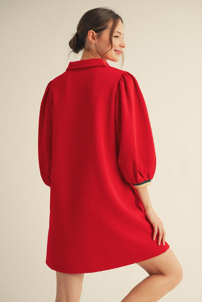 admired poise textured puff sleeve dress | red
