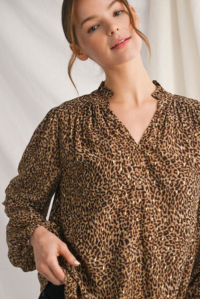 perfect vision ruffle neckline leopard top | taupe