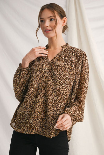 perfect vision ruffle neckline leopard top | taupe