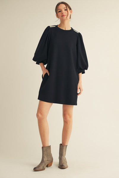 to be loved stripe accent puff sleeve dress | black