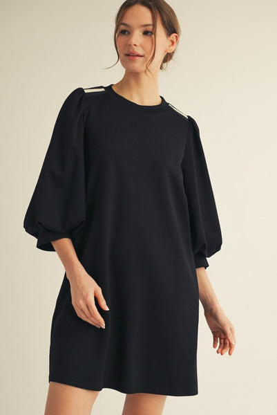 to be loved stripe accent puff sleeve dress | black