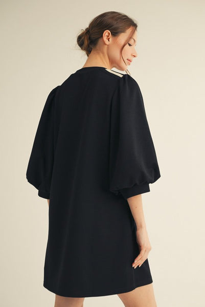 to be loved stripe accent puff sleeve dress | black
