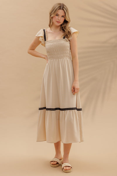 leading the way smocked ruffle midi dress | khaki