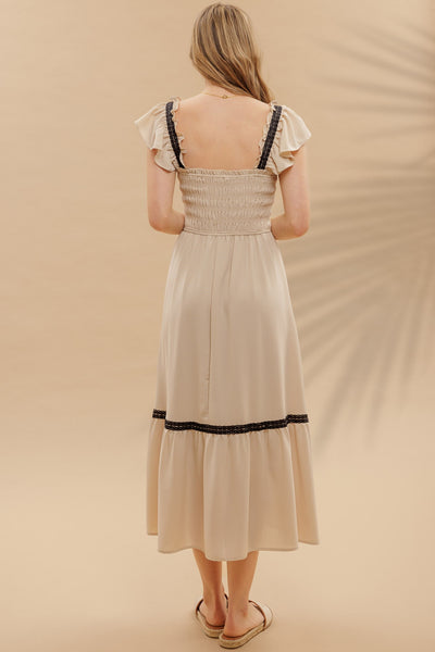 leading the way smocked ruffle midi dress | khaki