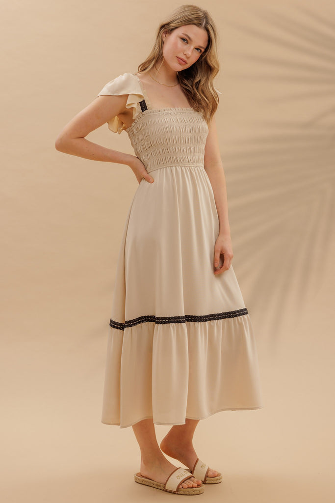 leading the way smocked ruffle midi dress