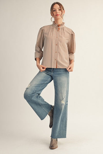 let's get going striped button up top | mocha
