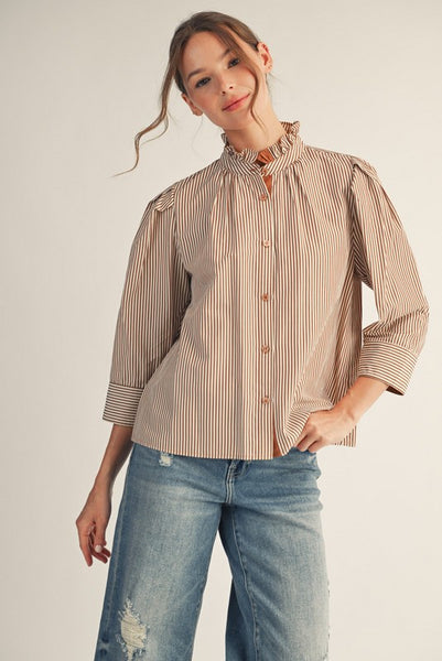 let's get going striped button up top | mocha