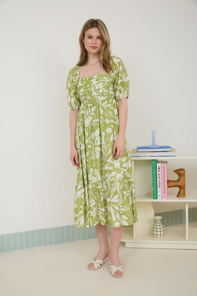 garden of wonder floral pleated puff sleeve midi dress | kiwi