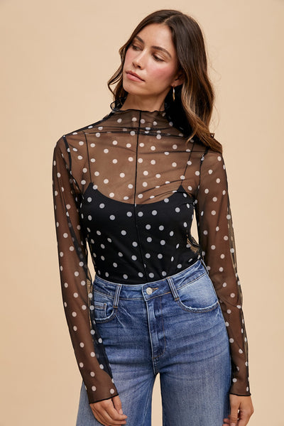 just around the corner polka dot mesh top | black + white