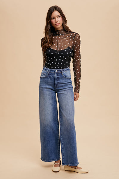 just around the corner polka dot mesh top | black + white