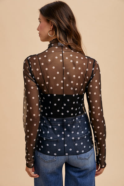 just around the corner polka dot mesh top | black + white