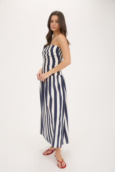 falling into place striped strapless midi dress | navy