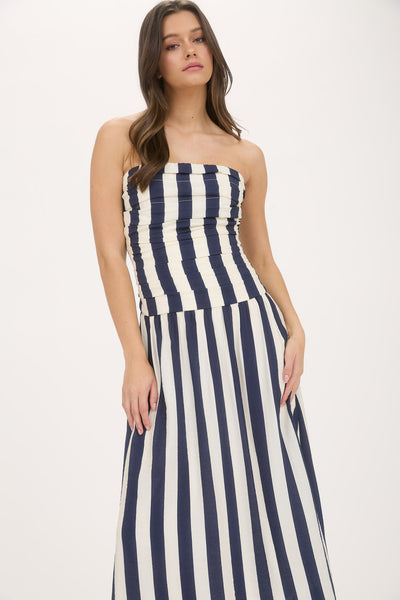 falling into place striped strapless midi dress | navy