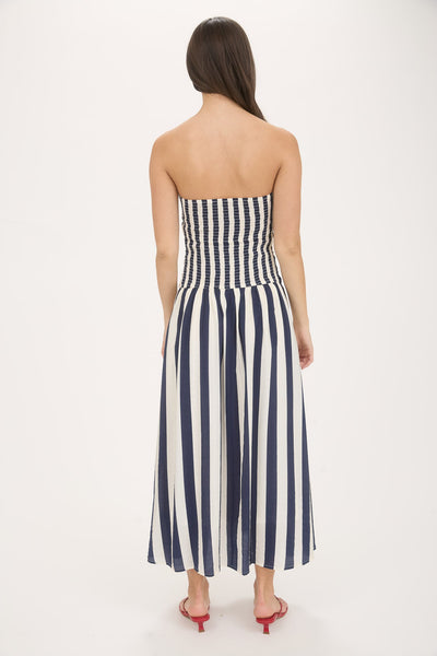 falling into place striped strapless midi dress | navy