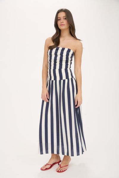 falling into place striped strapless midi dress | navy