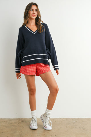 fall feels striped trim knit sweater | navy