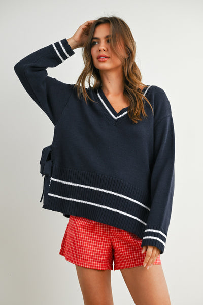 fall feels striped trim knit sweater | navy