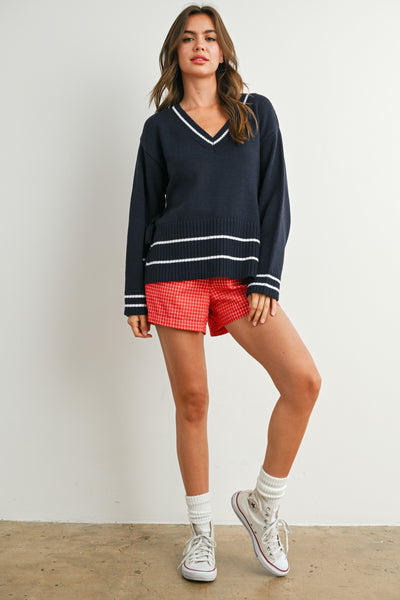 fall feels striped trim knit sweater | navy