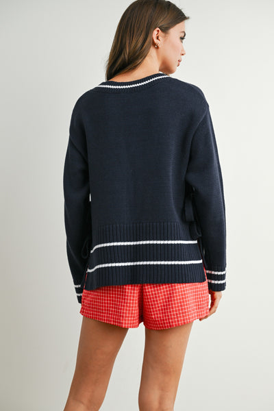 fall feels striped trim knit sweater | navy