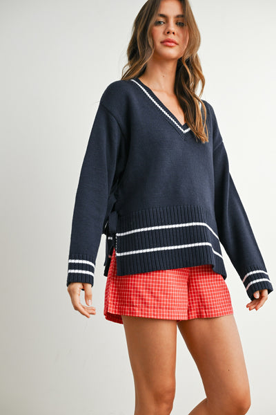 fall feels striped trim knit sweater | navy