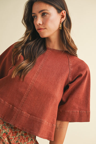 off the cuff denim tie back top | brick