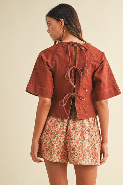 off the cuff denim tie back top | brick