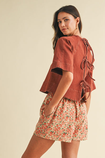 off the cuff denim tie back top | brick