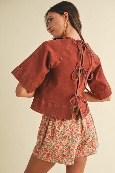 off the cuff denim tie back top | brick